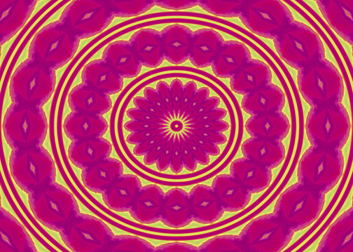 a circular pattern of red circles and discs on a yellow background 