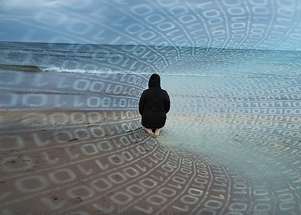 person on the beach overlaid with digital code