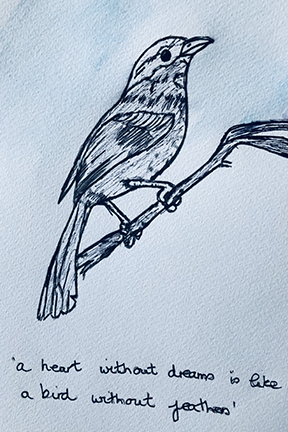 drawing of a bird of a twig