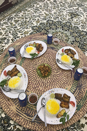 dinner plates laid out on carpet